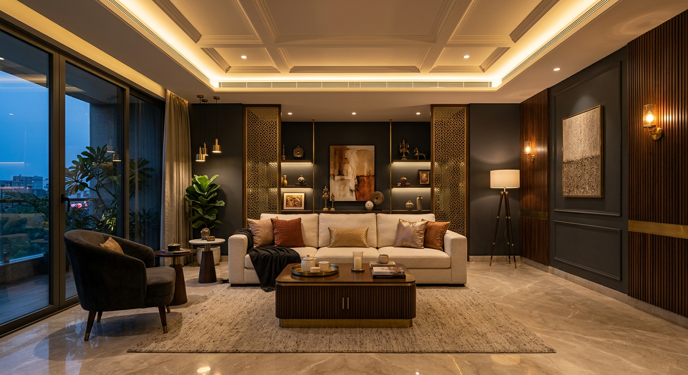 Luxury living room designed by Riyan Interior with warm gold lighting